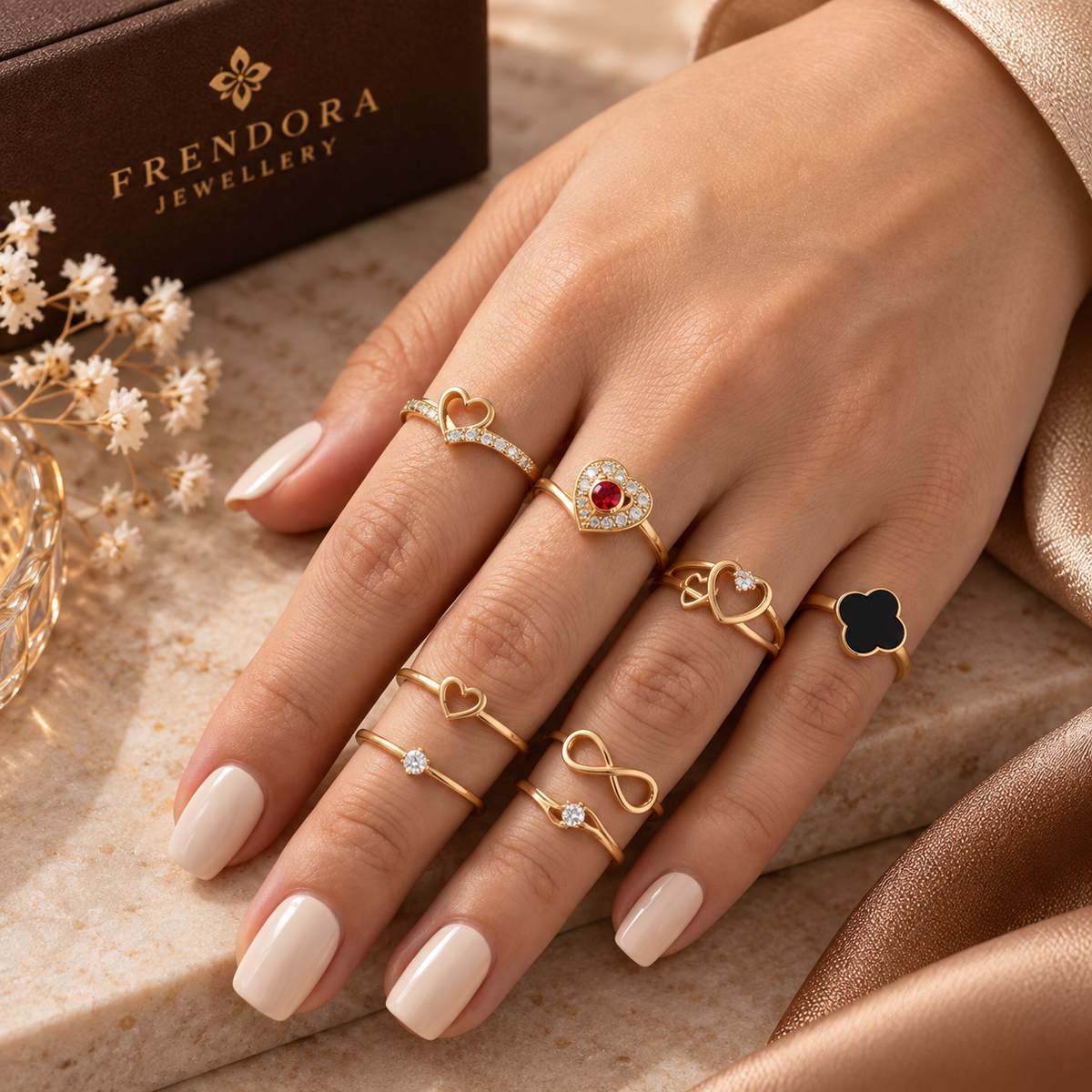 Frendora 8-in-1 Gold Ring Set on hand