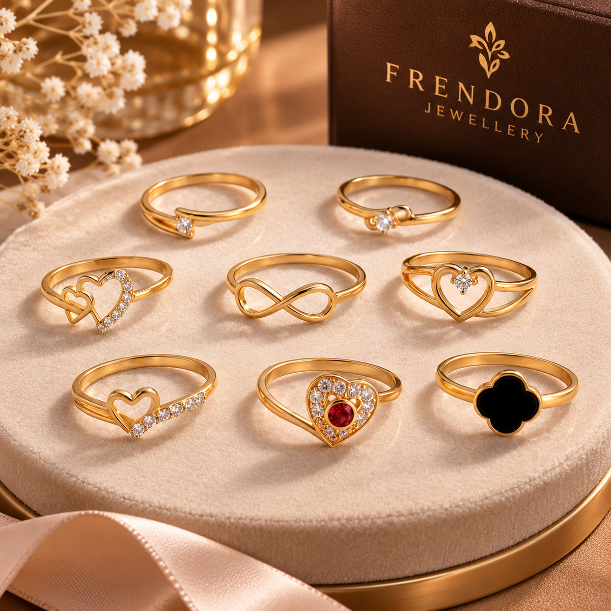 Frendora 8-in-1 Gold Ring Set flat lay