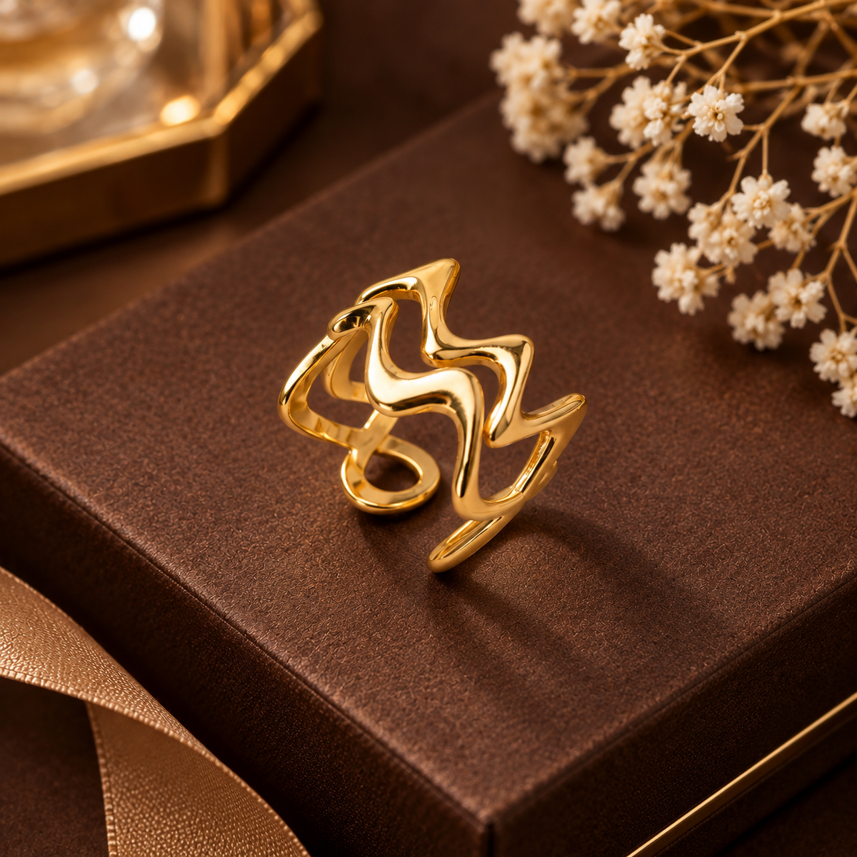 Golden Abstract Wave Statement Ring for Women
