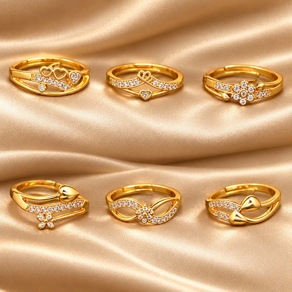 Gold ring combo pack 6 champagne satin background