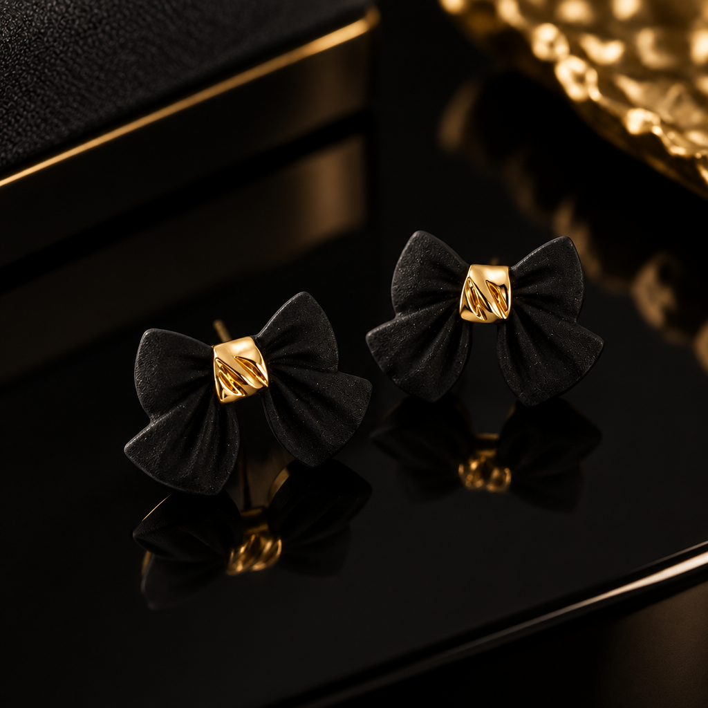 Black bow earrings close-up black glossy background