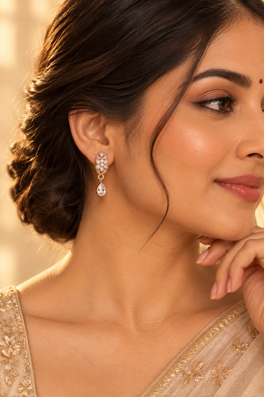 Rose gold CZ drop earrings on model warm golden background
