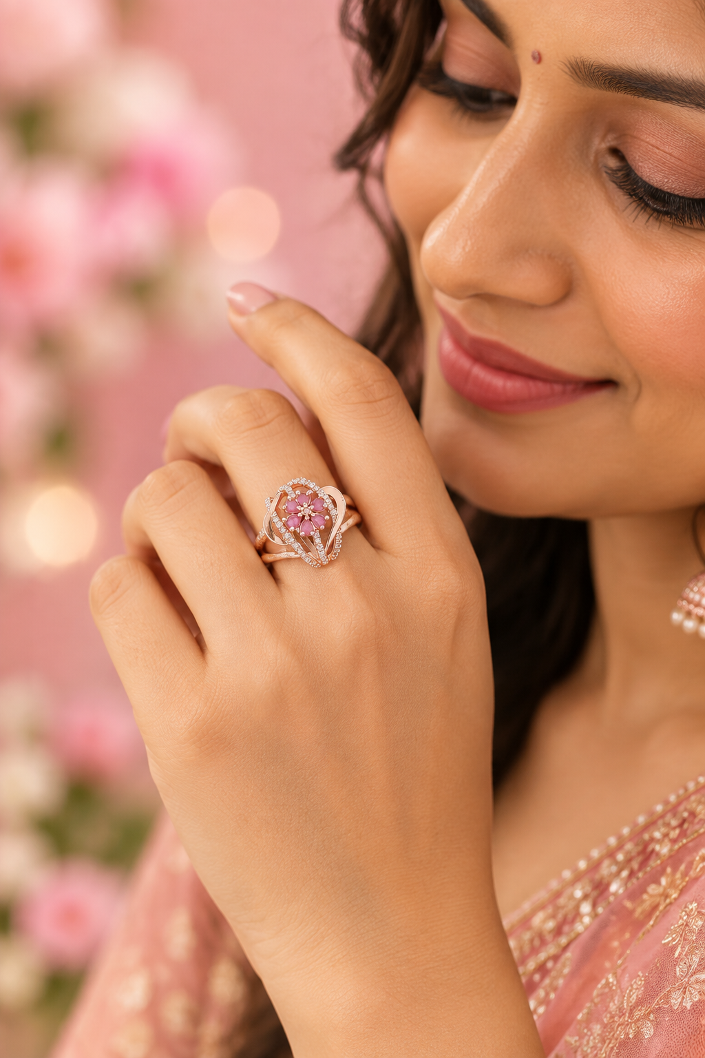 Blossom radiance ring on model blush pink background