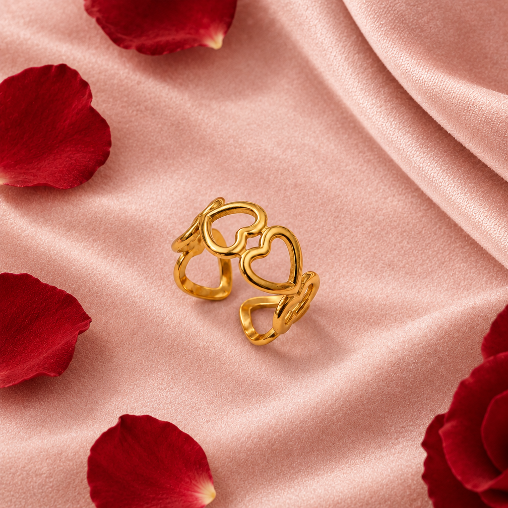 Gold heart ring blush pink velvet rose petals