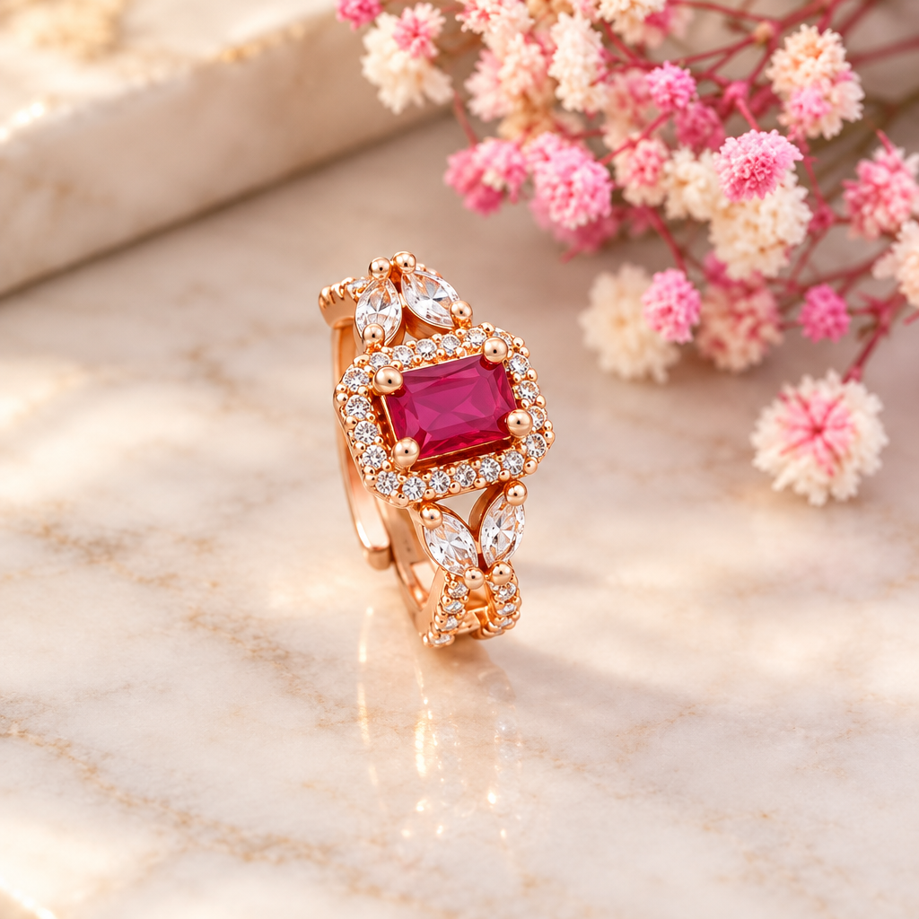 Rose gold CZ ring white marble pink flowers