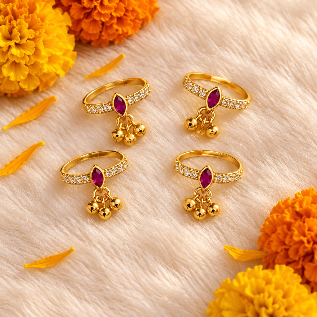 4 pcs gold ring combo white fur marigold flowers