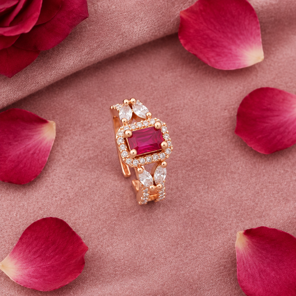 Rose gold CZ ring dusty pink velvet rose petals