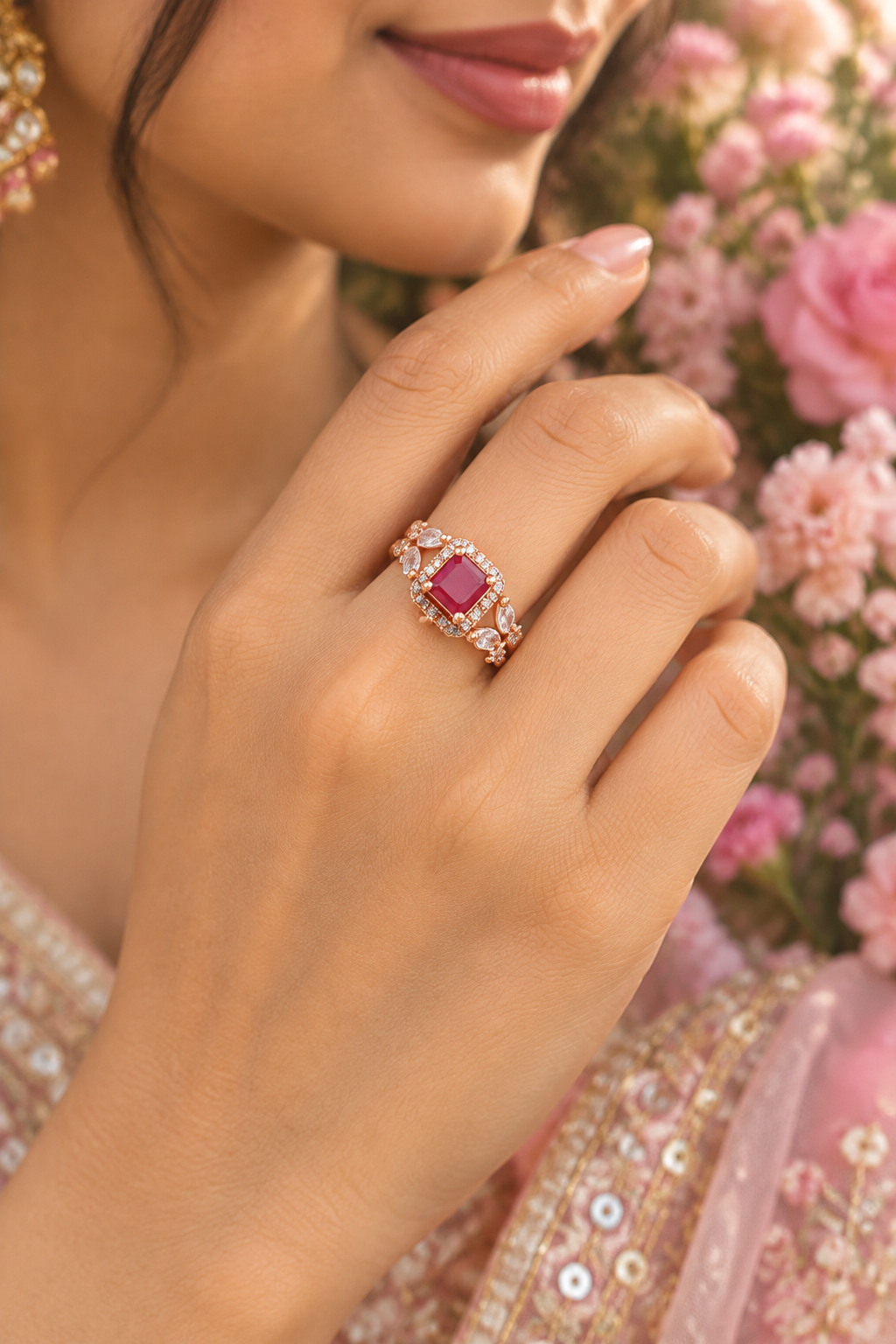 Rose gold CZ ring on model floral background