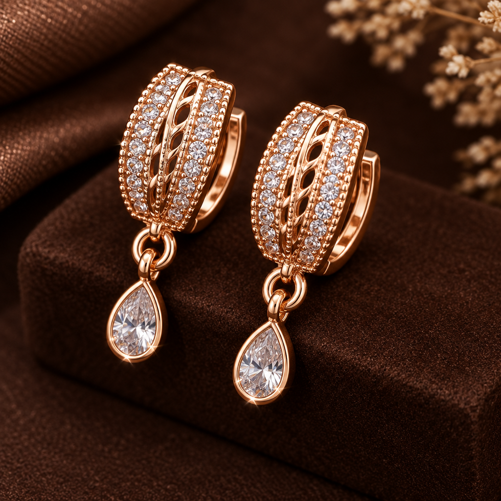 Rose gold CZ drop earrings close-up dark brown background