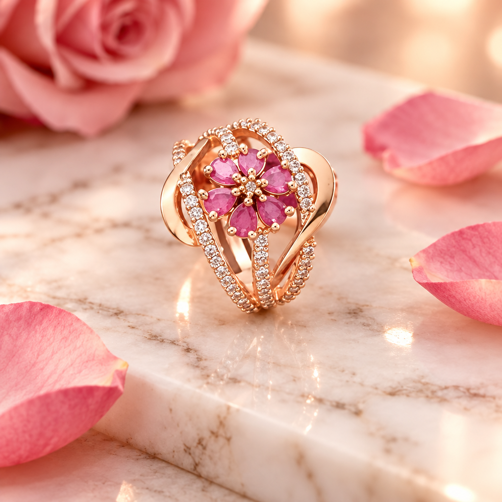 Blossom radiance rose gold ring white marble rose petals