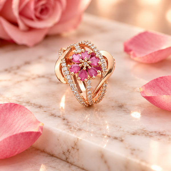 Blossom radiance rose gold ring white marble rose petals
