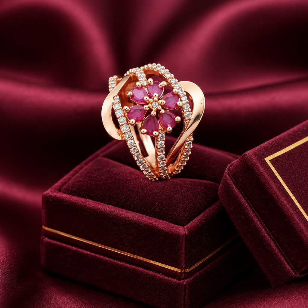 Blossom radiance ring in luxury maroon velvet box
