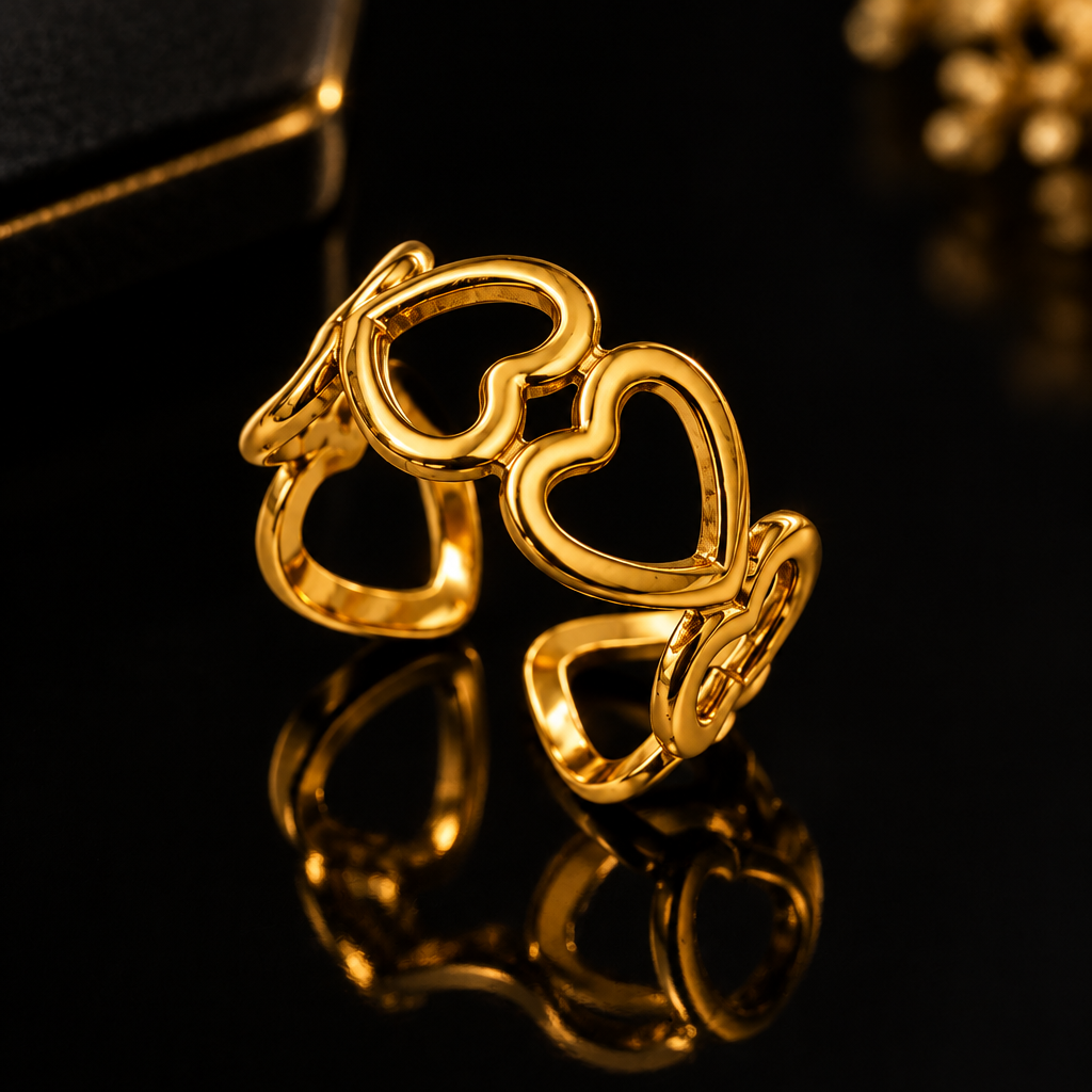 Gold heart ring close-up black glossy