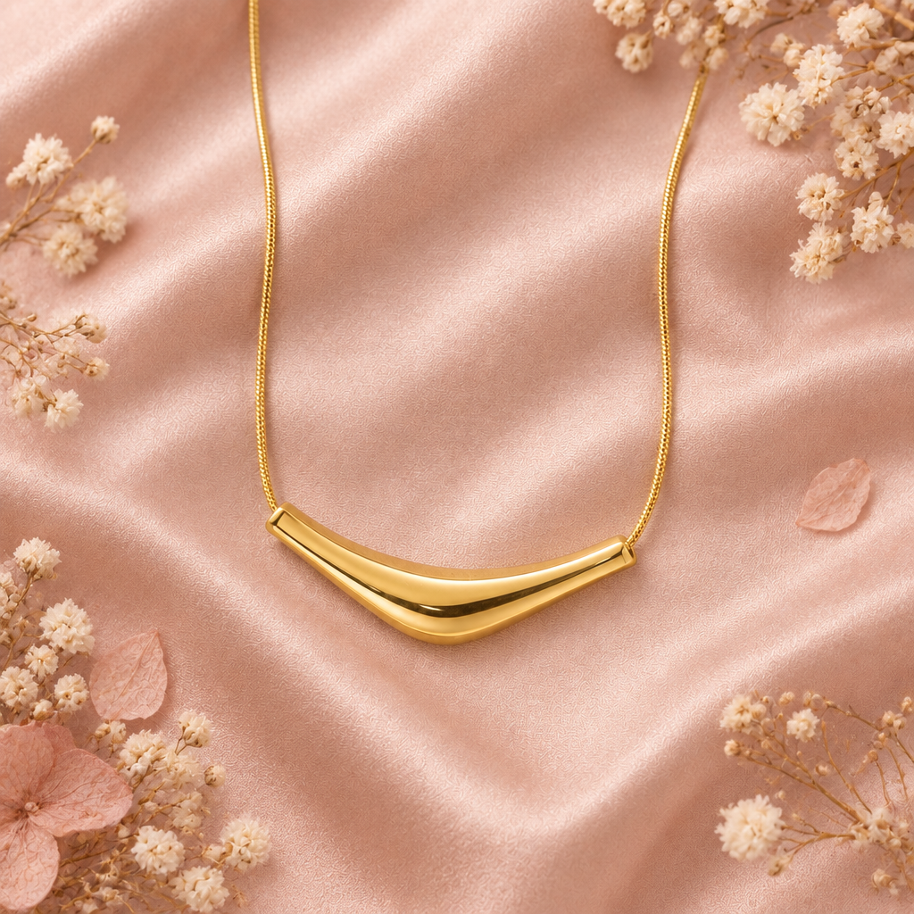 Gold curved bar necklace blush pink satin