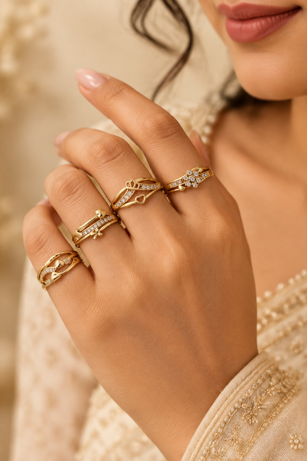 Gold rings stacked on model fingers beige background