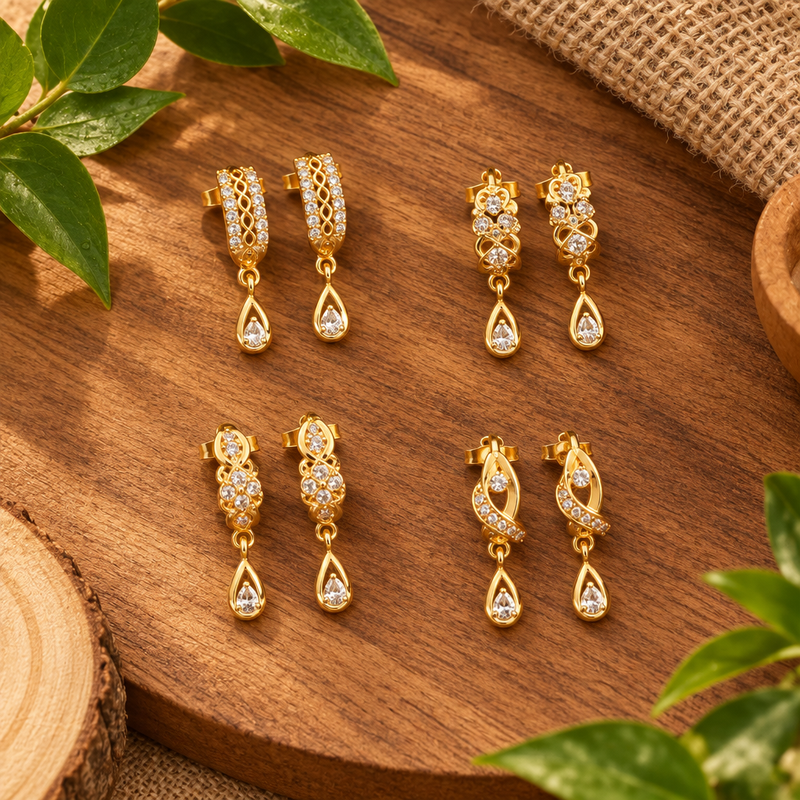 Pack of 4 Korean drop earrings natural wood background
