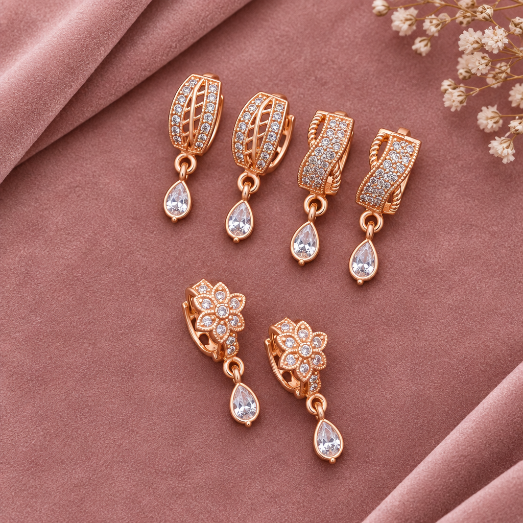 Rose gold CZ drop earrings dusty pink velvet