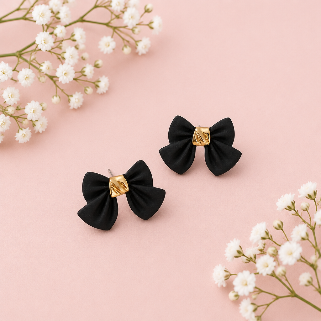 Black bow earrings blush pink white flowers