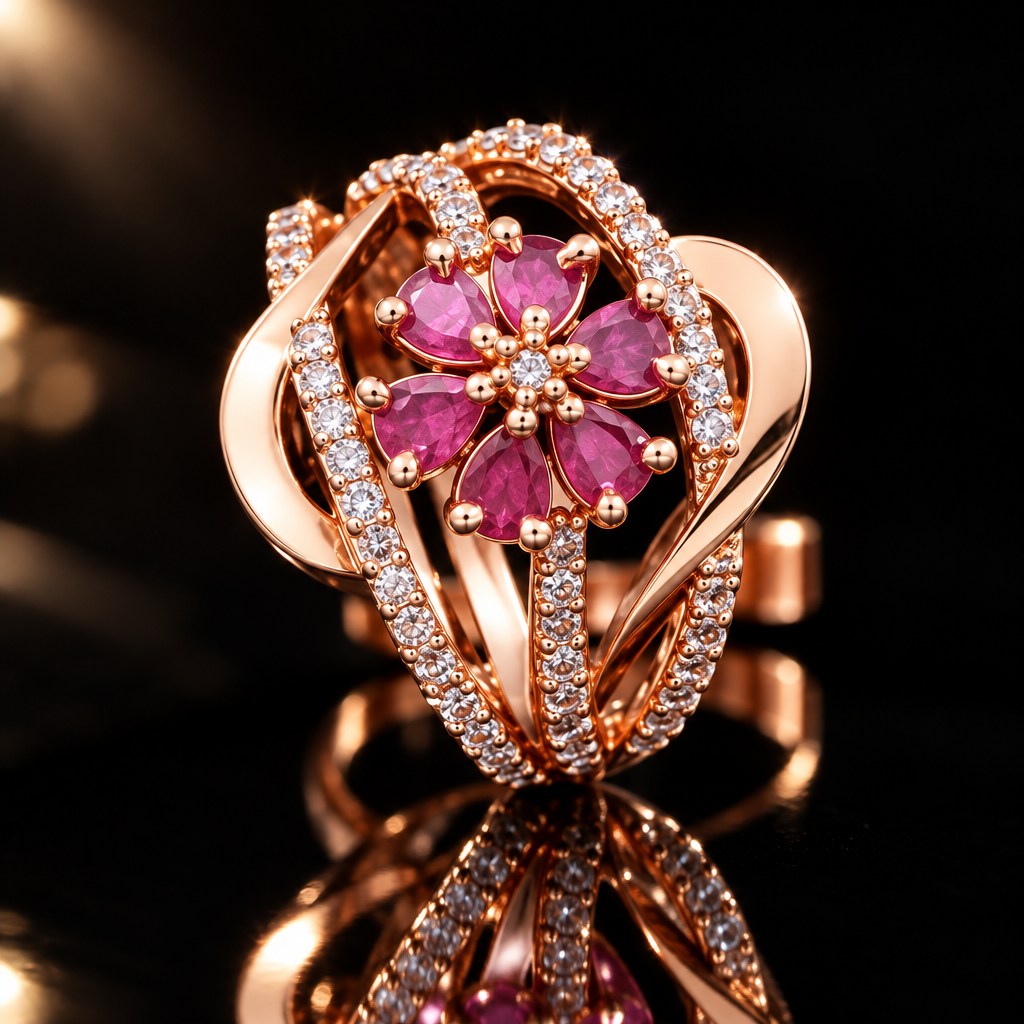 Blossom radiance ring close-up black glossy background