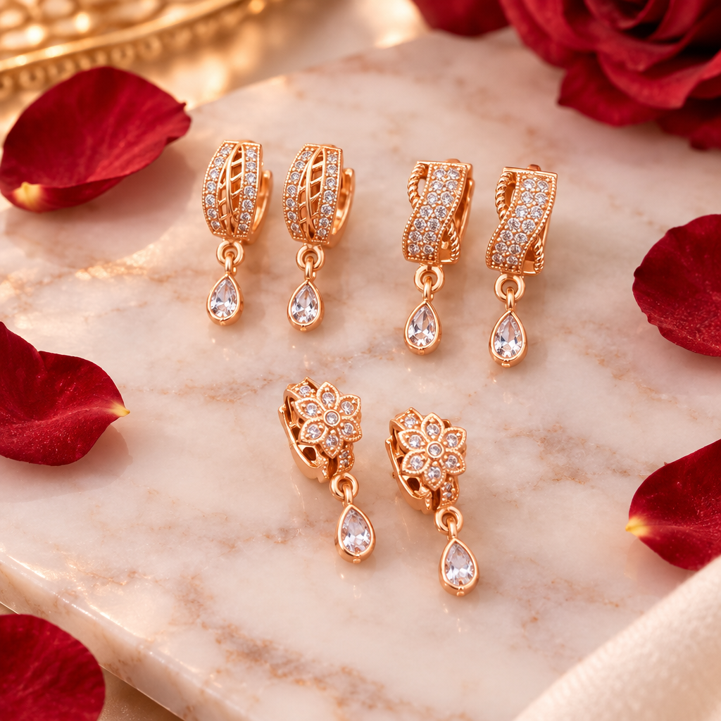 Rose gold CZ drop earrings white marble rose petals