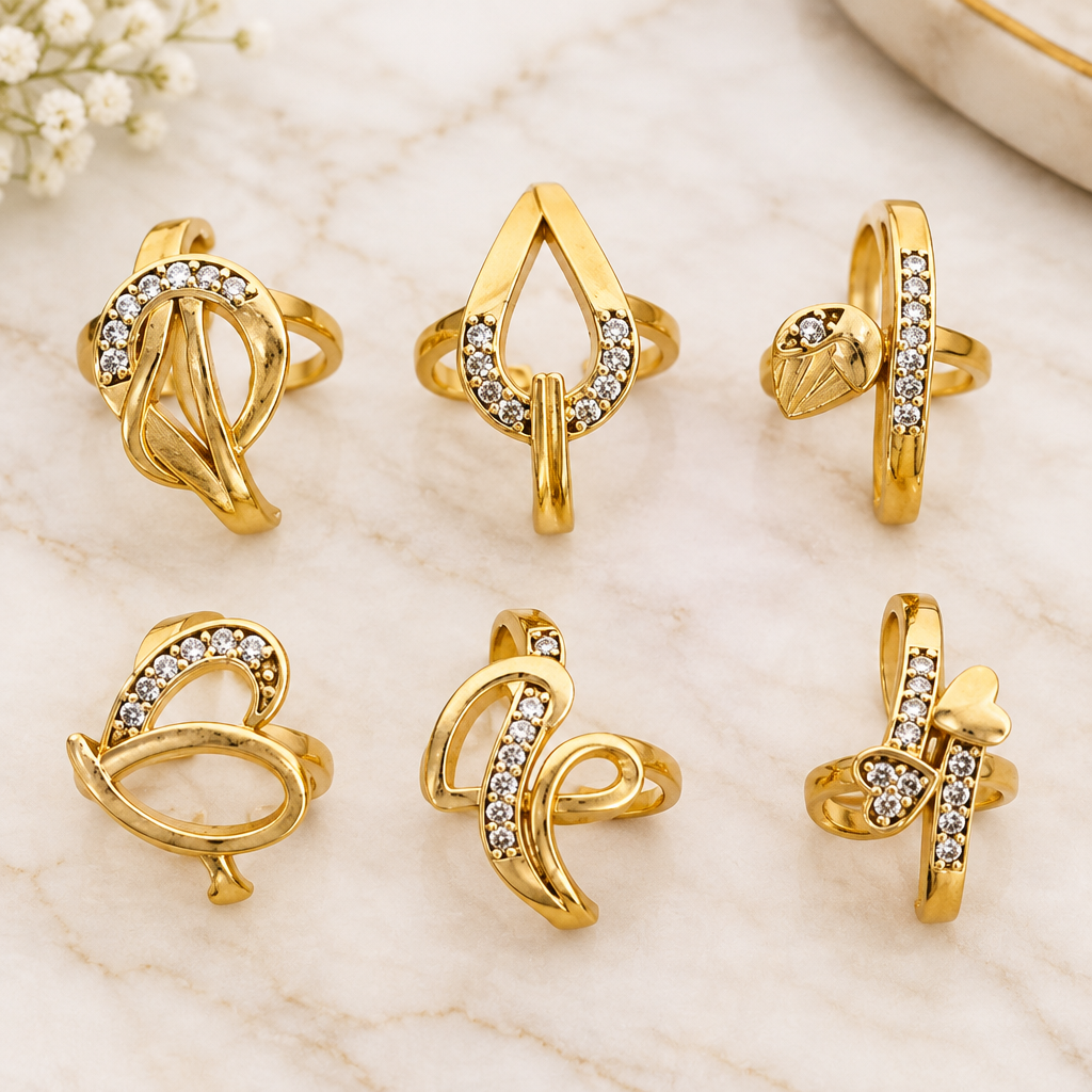 Gold plated ring combo pack of 6 white marble