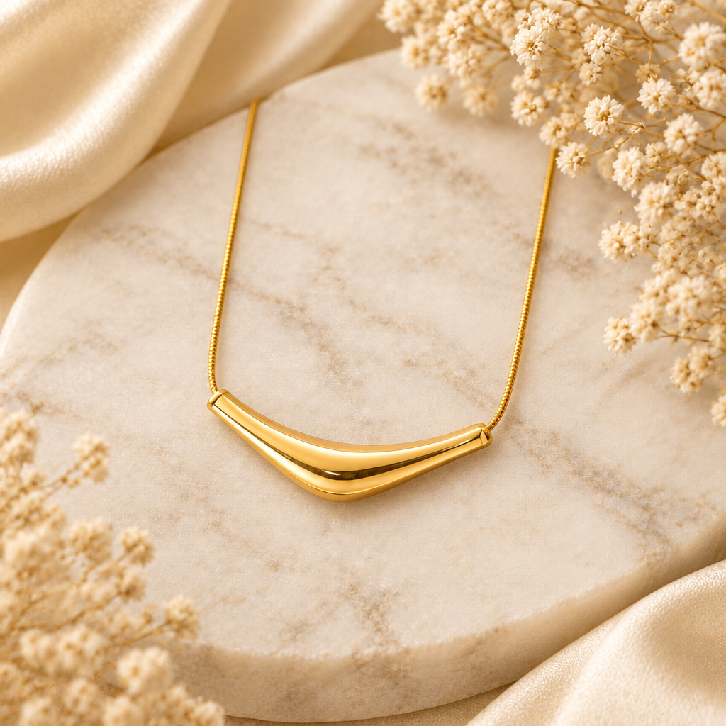 Gold curved bar necklace white marble dried flowers