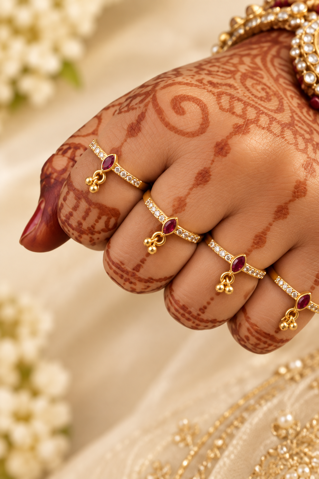 4 pcs gold rings on mehndi decorated woman's fingers