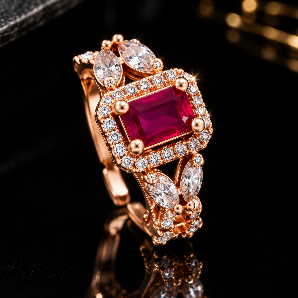 Rose gold CZ ring close-up black glossy background